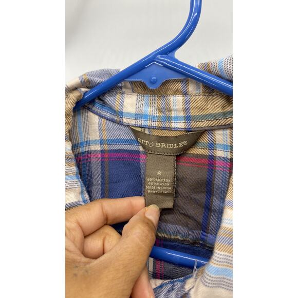 Bit & Bridle plaid blue brown button down western rodeo size S equestrian farm - Picture 5 of 7
